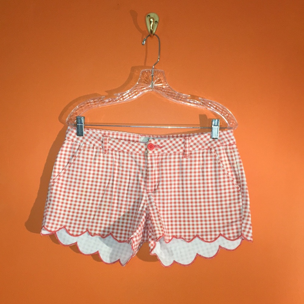 BeBop Coral and White Gingham Scallop-Hem High Waist Shorts